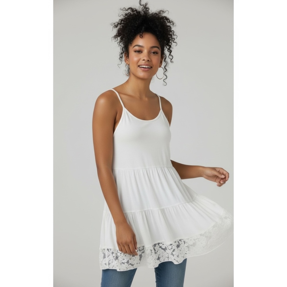 POL Ivory Lace Trimmed Tiered Tunic Top | Sleeveless Open Back Tank Top - Picture 2 of 6